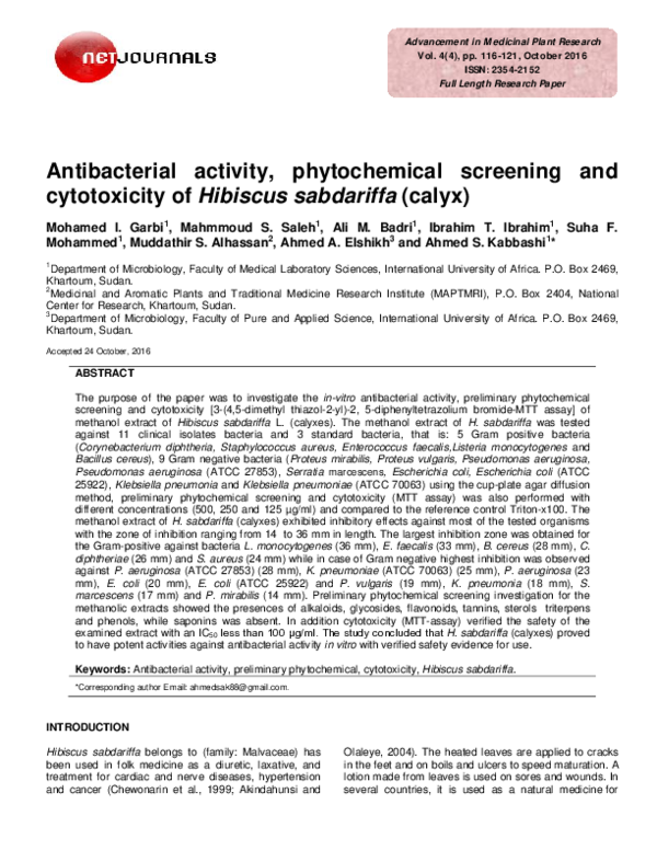 (PDF) Antibacterial Activity, Phytochemical Screening and Antioxidant ...