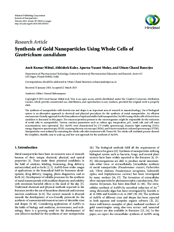 (PDF) Synthesis of Gold Nanoparticles Using Whole Cells of Geotrichum ...