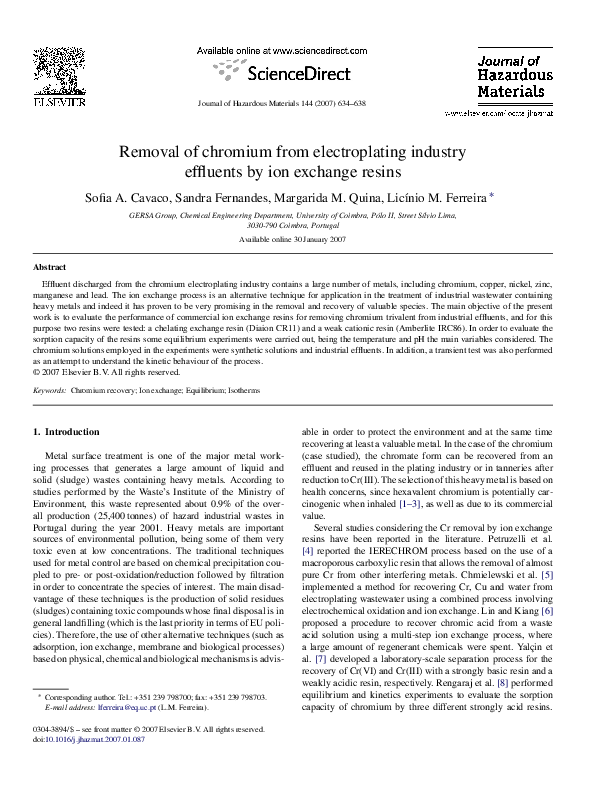 (PDF) Removal of chromium from electroplating industry effluents by ion ...