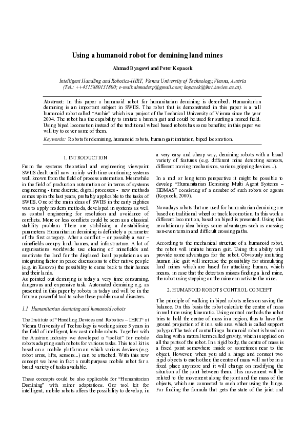 (PDF) Using a humanoid robot for demining land mines