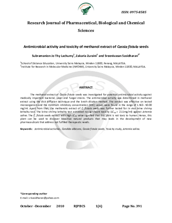 (PDF) Antimicrobial activity and toxicity of methanol extract of Cassia ...