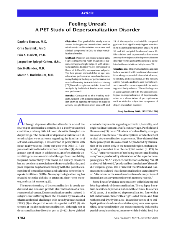 (PDF) Feeling Unreal: A PET Study of Depersonalization Disorder