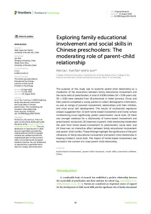 (PDF) Exploring family educational involvement and social skills in ...