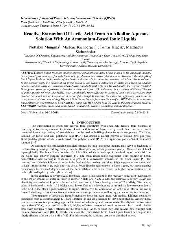 (PDF) Reactive Extraction of lactic acid from alkaline aqueous solution ...