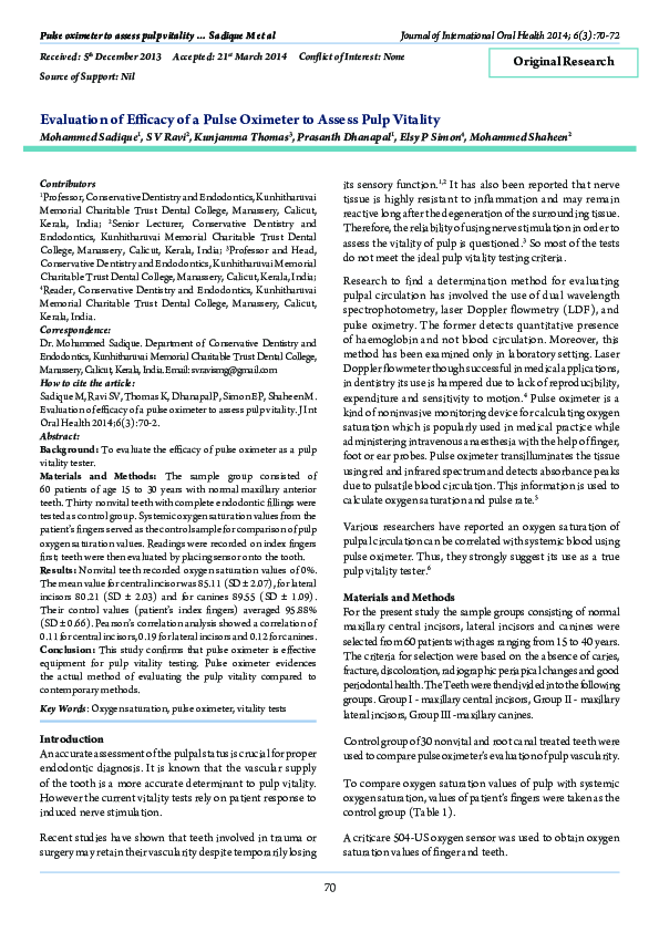 (PDF) Evaluation of efficacy of a pulse oximeter to assess pulp vitality