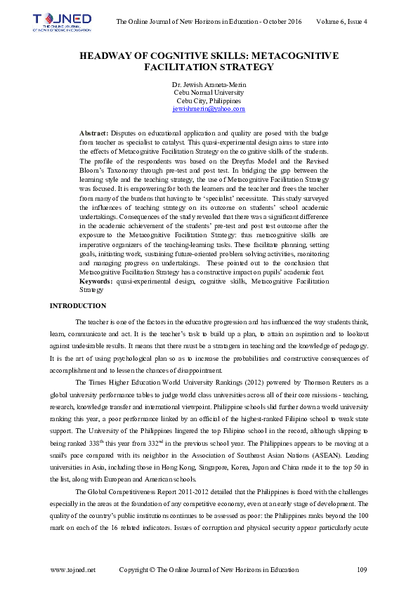 (PDF) HEADWAY OF COGNITIVE SKILLS: METACOGNITIVE FACILITATION STRATEGY