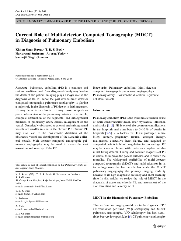 (PDF) Current Role of Multi-detector Computed Tomography (MDCT) in ...