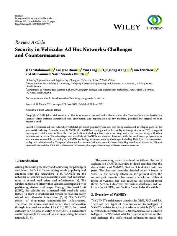 (PDF) Security in Vehicular Ad Hoc Networks: Challenges and Countermeasures
