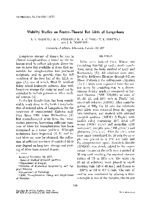 (PDF) Viability studies on frozen-thawed rat islets of langerhans