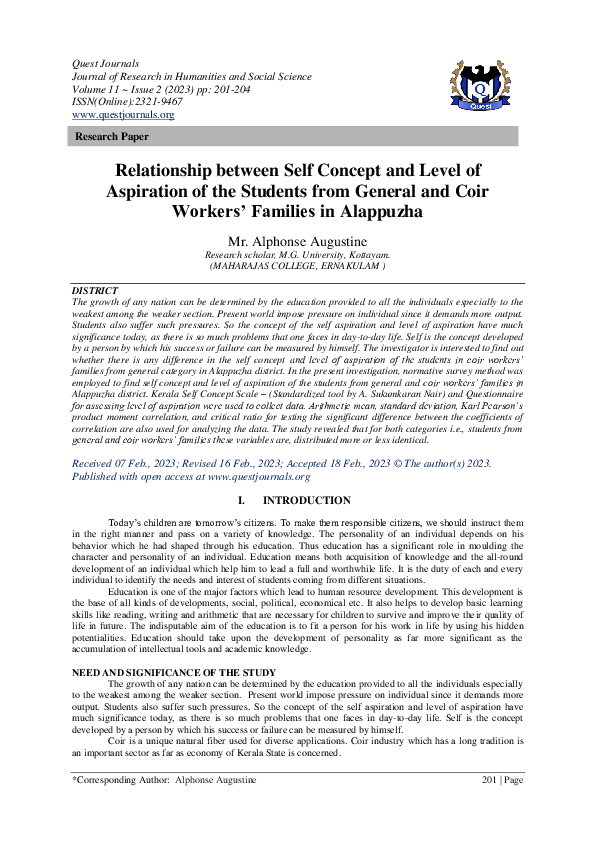 (PDF) Relationship between Self Concept and Level of Aspiration of the ...