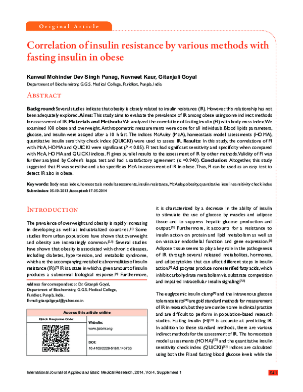 (PDF) Correlation of insulin resistance by various methods with fasting ...