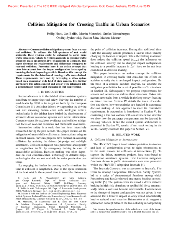(PDF) Collision mitigation for crossing traffic in urban scenarios