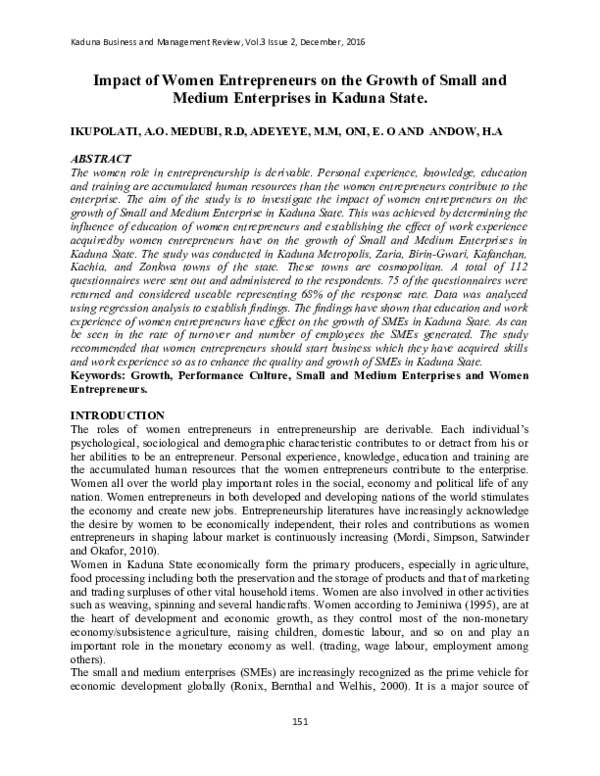 (DOC) Impact of Women Entrepreneurs on the Growth of Small and Medium ...