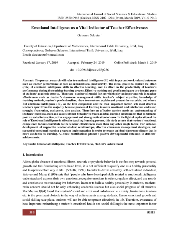 (PDF) Emotional Intelligence as a Vital Indicator of Teacher Effectiveness