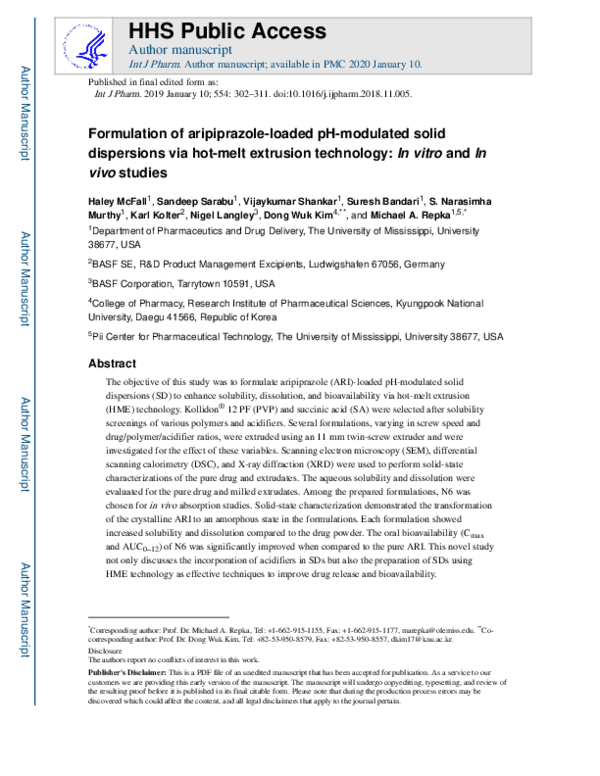 (PDF) Formulation of aripiprazole-loaded pH-modulated solid dispersions ...