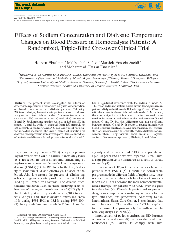 (PDF) Effects of Sodium Concentration and Dialysate Temperature Changes ...
