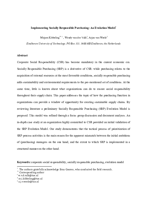 (PDF) Implementing socially responsible purchasing : an evolution model