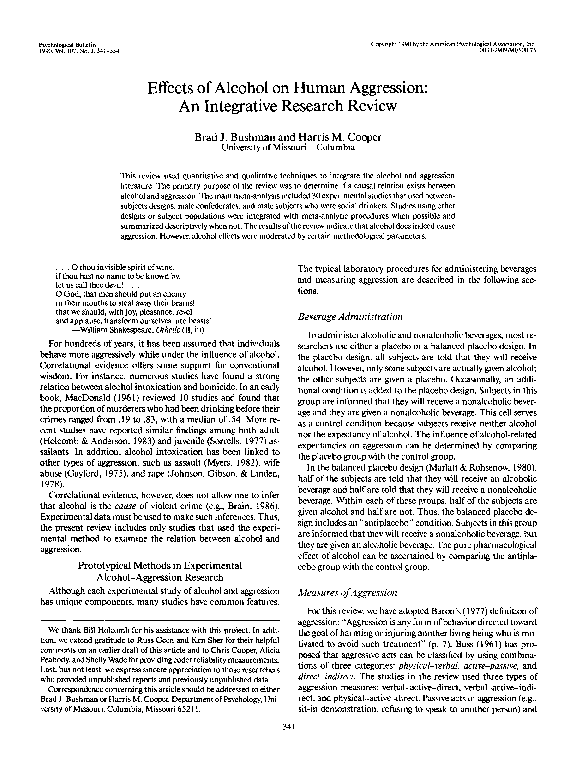 (PDF) Effects of alcohol on human aggression: An intergrative research ...