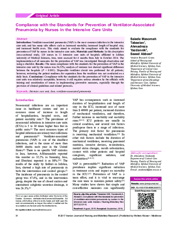 (PDF) Compliance with the Standards for Prevention of Ventilator ...