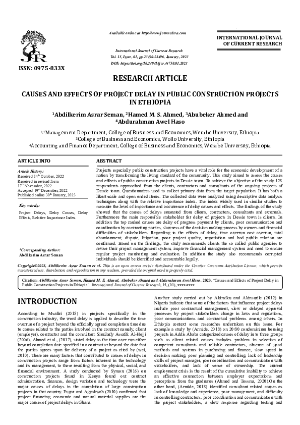 (PDF) CAUSES AND EFFECTS OF PROJECT DELAY IN PUBLIC CONSTRUCTION PROJECTS