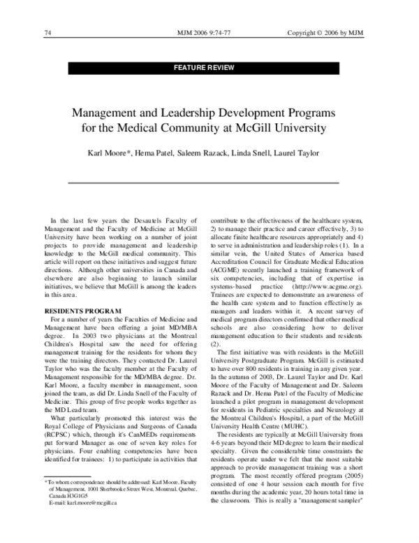 (PDF) Management and Leadership Development Programs for the Medical ...