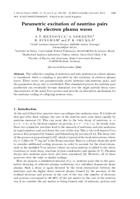 (PDF) Parametric excitation of neutrino pairs by electron plasma waves