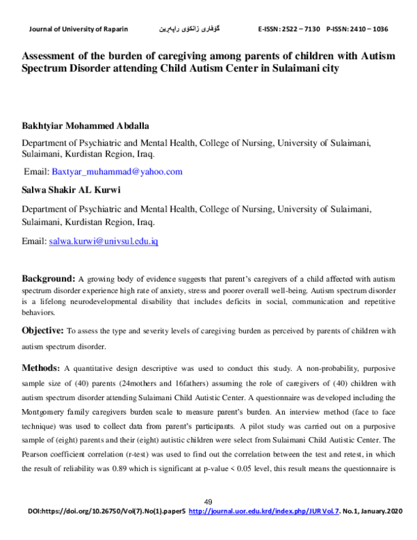 (PDF) Assessment of the burden of caregiving among parents of children ...