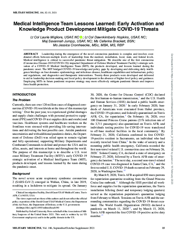 (PDF) Medical Intelligence Team Lessons Learned: Early Activation and ...