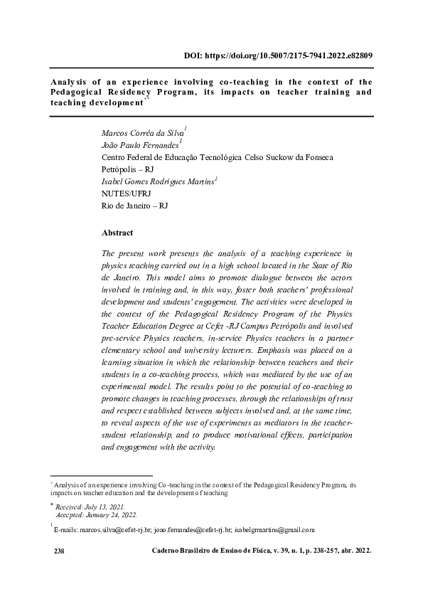 (PDF) Analysis of an experience involving co-teaching in the context of ...