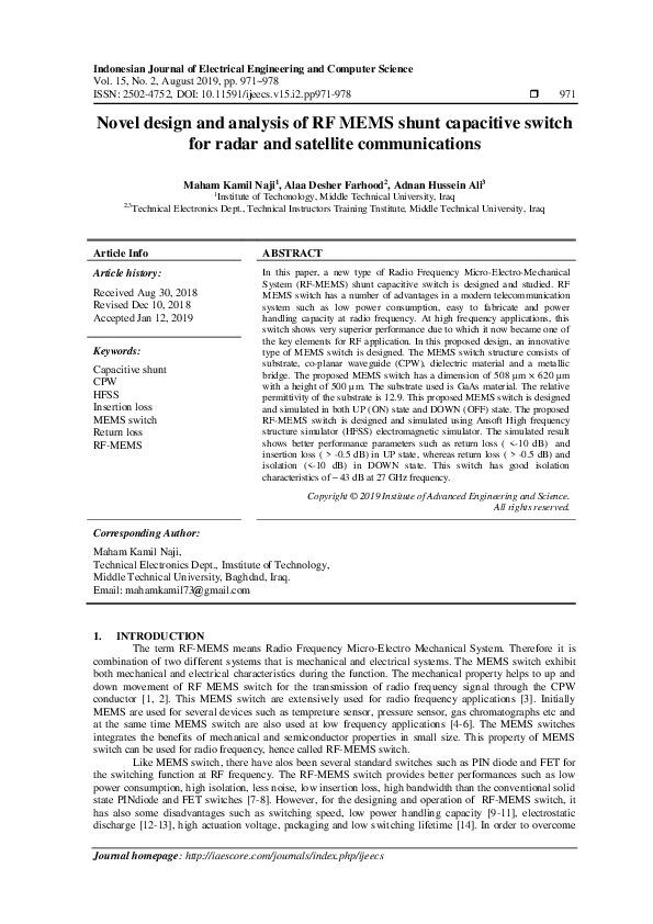(PDF) Novel design and analysis of RF MEMS shunt capacitive switch for ...