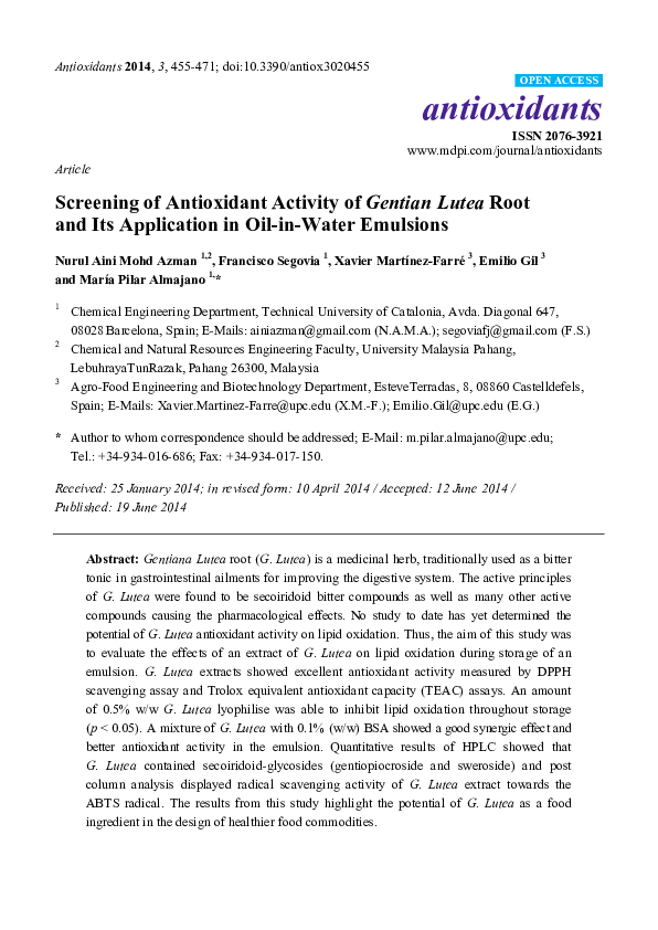 (PDF) Screening of Antioxidant Activity of Gentian Lutea Root and Its ...