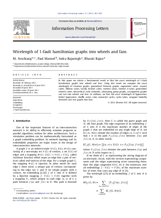 (PDF) Wirelength of 1-fault hamiltonian graphs into wheels and fans