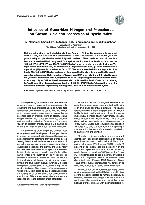 (PDF) Influence of mycorrhiza, nitrogen and phosphorus on growth, yield ...