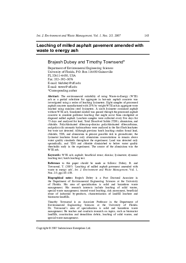 (PDF) Leaching of milled asphalt pavement amended with waste to energy ash