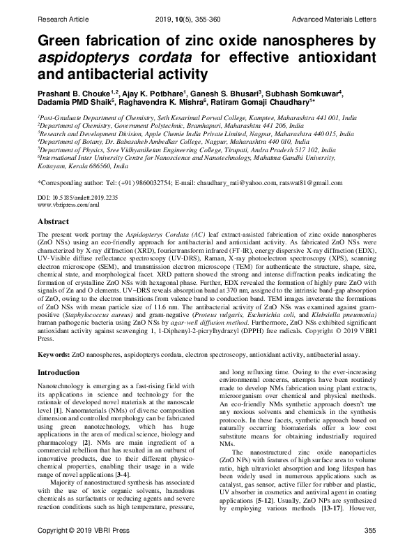 (PDF) Green fabrication of zinc oxide nanospheres by aspidopterys ...