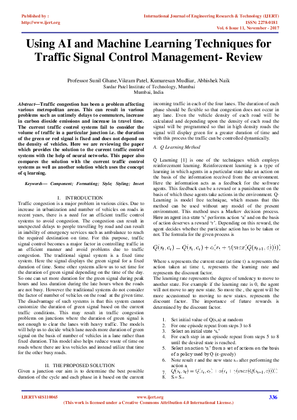 (PDF) Using AI and Machine Learning Techniques for Traffic Signal ...