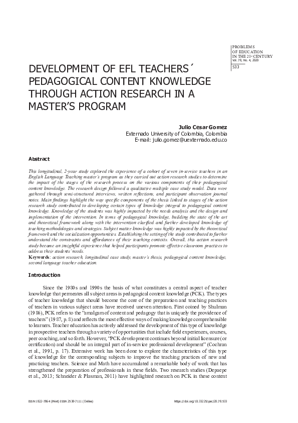(PDF) Development of Efl Teachers´ Pedagogical Content Knowledge ...