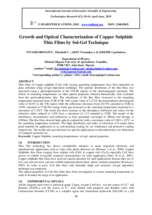 (PDF) Growth and Optical Characterization of Copper Sulphide Thin Films ...