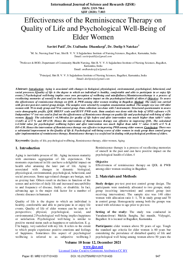 (PDF) Effectiveness of the Reminiscence Therapy on Quality of Life and ...