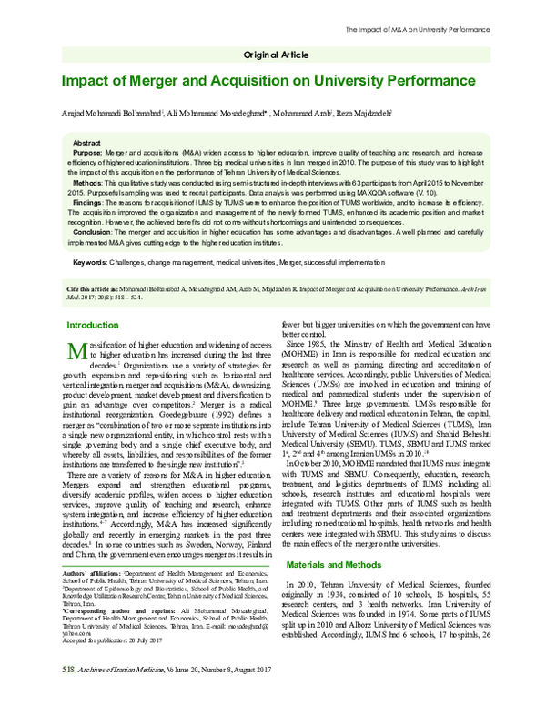 (PDF) Impact of Merger and Acquisition on University Performance