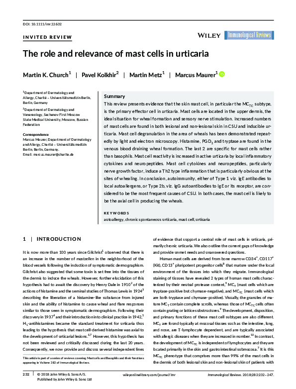 (PDF) The role and relevance of mast cells in urticaria