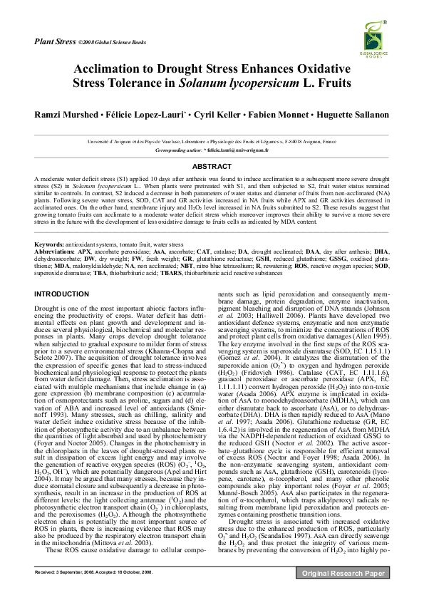 (PDF) Acclimation to drought stress enhances oxidative stress tolerance ...