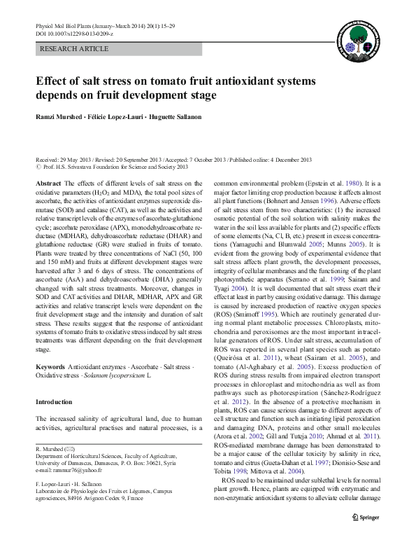 (PDF) Effect of salt stress on tomato fruit antioxidant systems depends ...