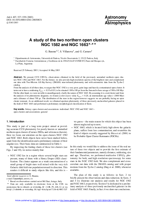 (PDF) A study of the two northern open clusters NGC 1582 and NGC 1663 ...