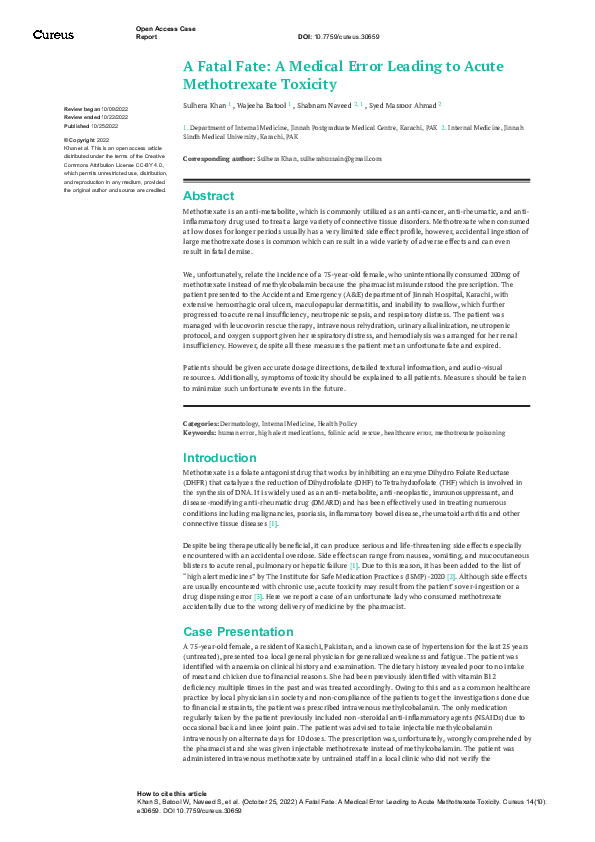 (PDF) A Fatal Fate: A Medical Error Leading to Acute Methotrexate Toxicity