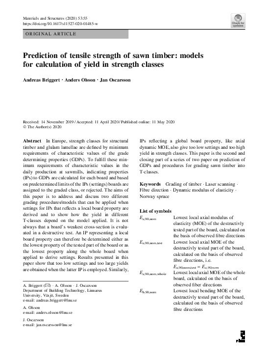 (PDF) Prediction of tensile strength of sawn timber: models for ...