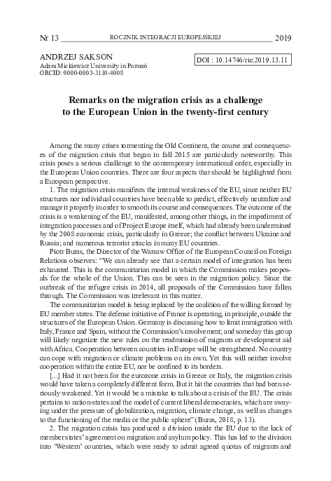 (PDF) Remarks on the migration crisis as a challenge to the European ...