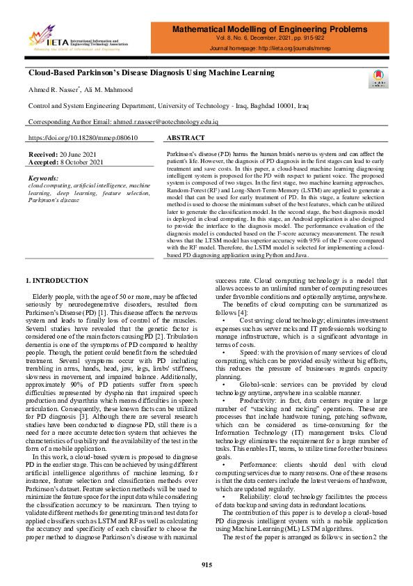 (PDF) Cloud-Based Parkinson’s Disease Diagnosis Using Machine Learning
