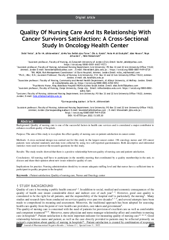 (PDF) Quality Of Nursing Care And Its Relationship With Cancer ...