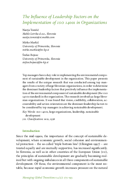 (PDF) The Influence of Leadership Factors on the Implementation of ISO ...